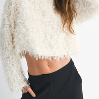 Textured Fringe Long Sleeve Cropped Top