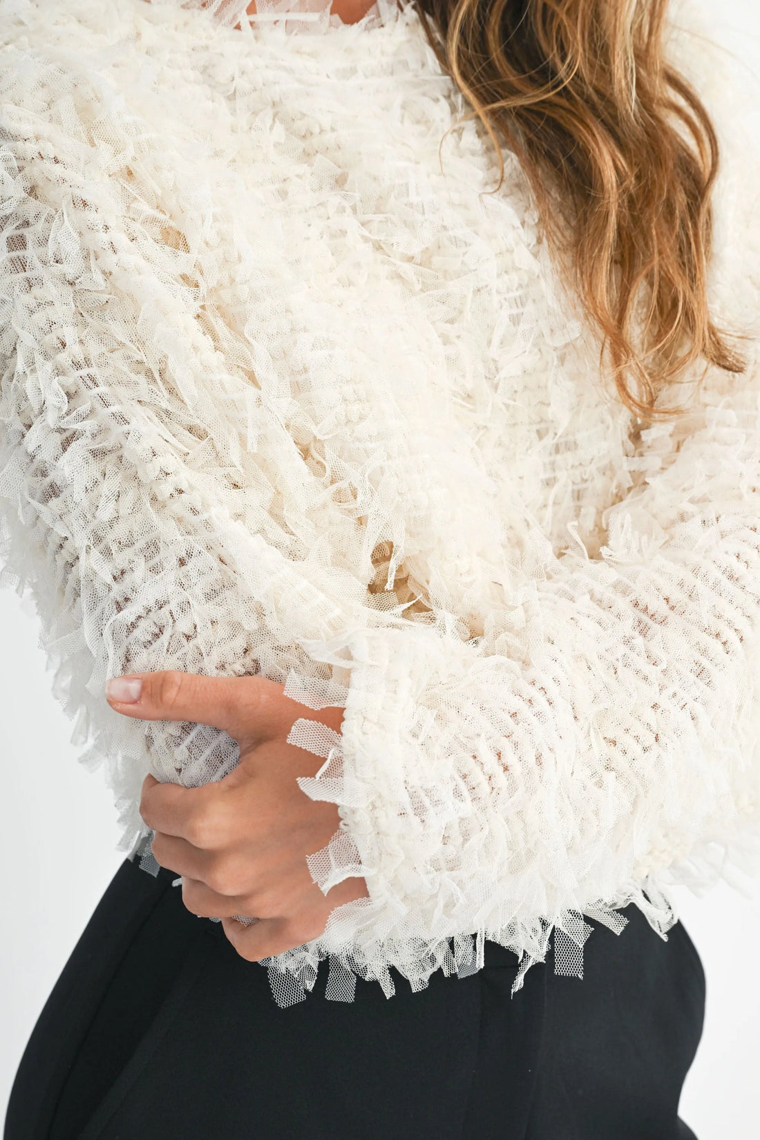 Textured Fringe Long Sleeve Cropped Top