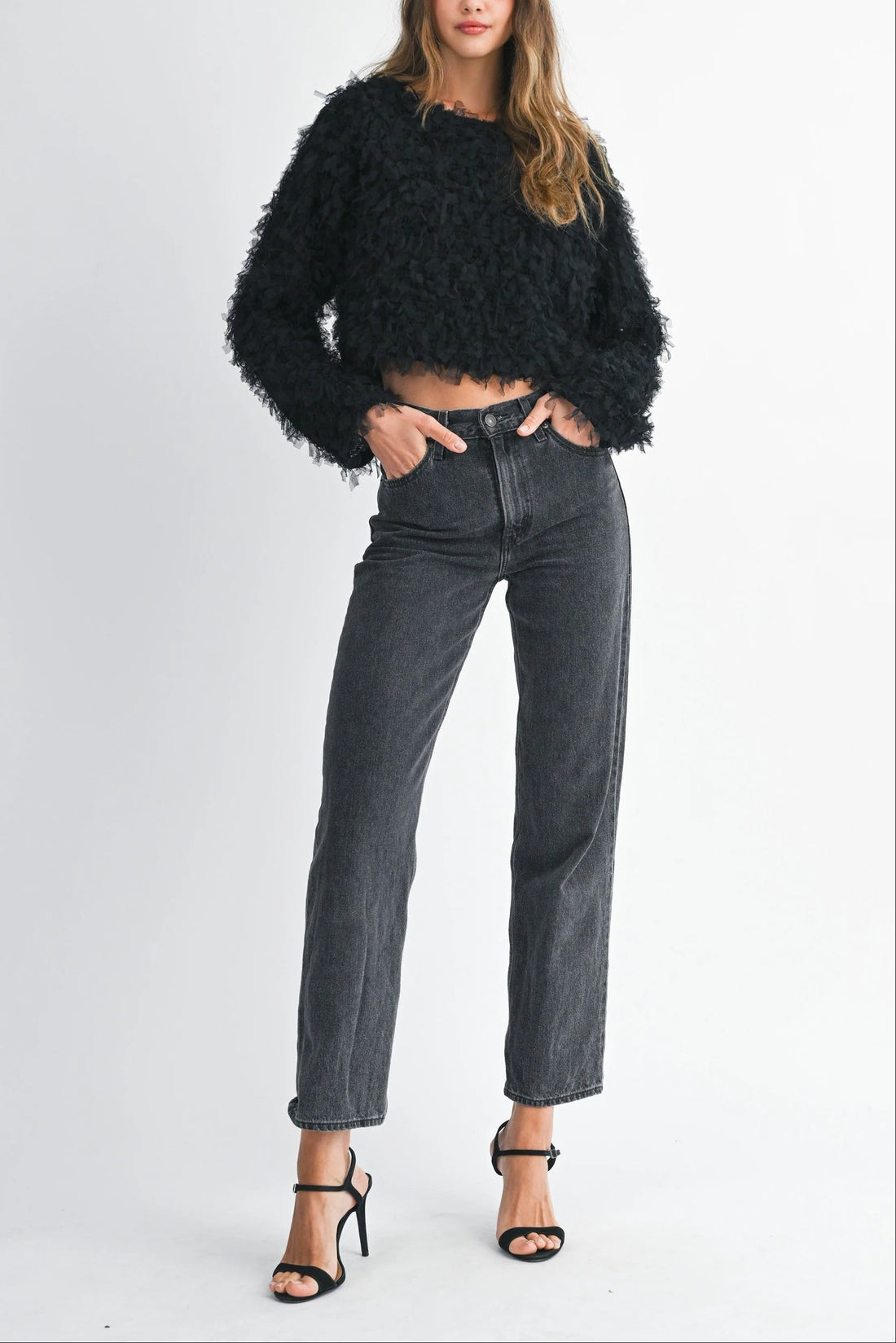 Textured Fringe Long Sleeve Cropped Top