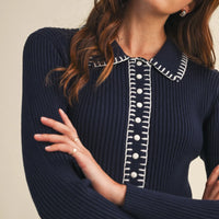 Ribbed Knit Midi Dress with Contrast Stitch Collar
