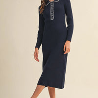 Ribbed Knit Midi Dress with Contrast Stitch Collar