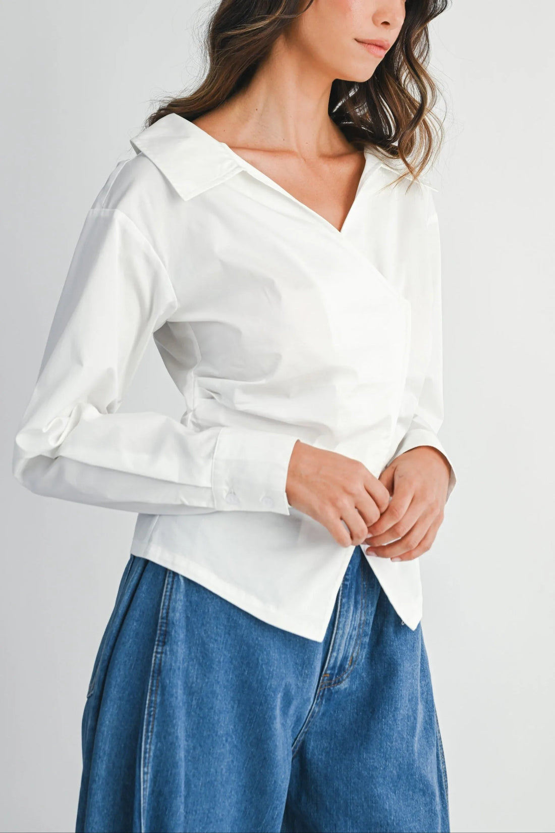 Asymmetric Wrap Blouse with Wide Collar