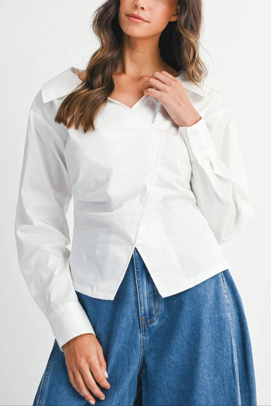 Asymmetric Wrap Blouse with Wide Collar