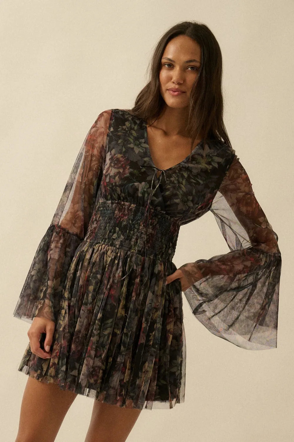 Floral Tulle Bell Sleeve Mini Dress