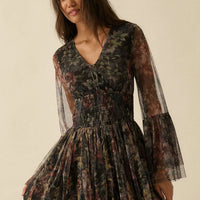 Floral Tulle Bell Sleeve Mini Dress