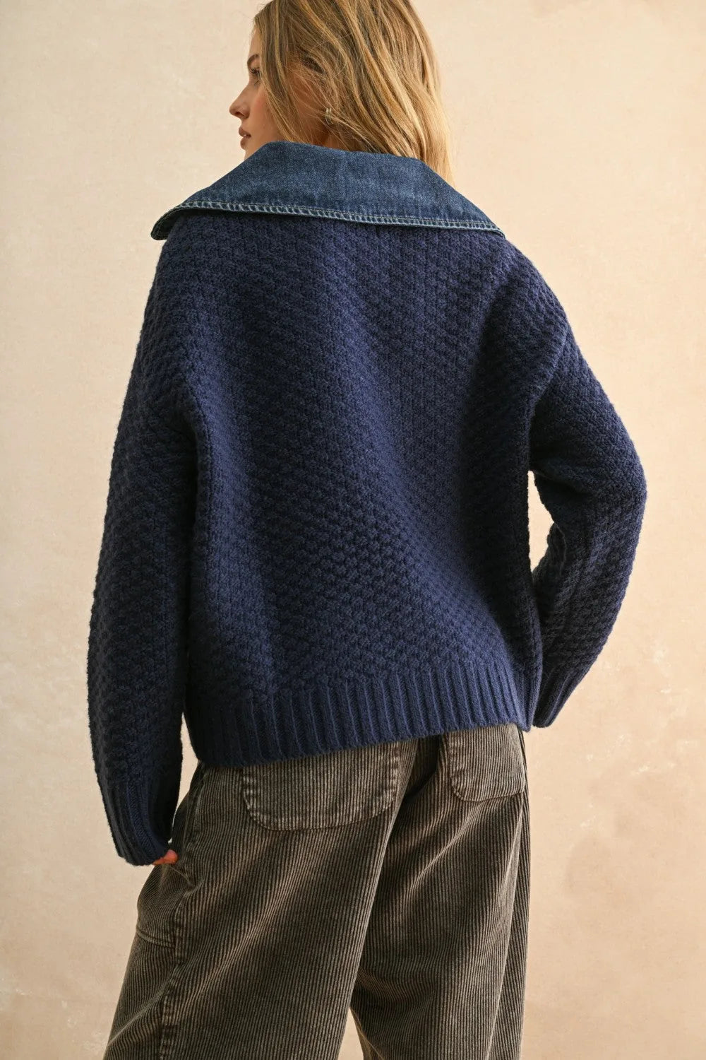 Denim Contrast Textured Knit Cardigan