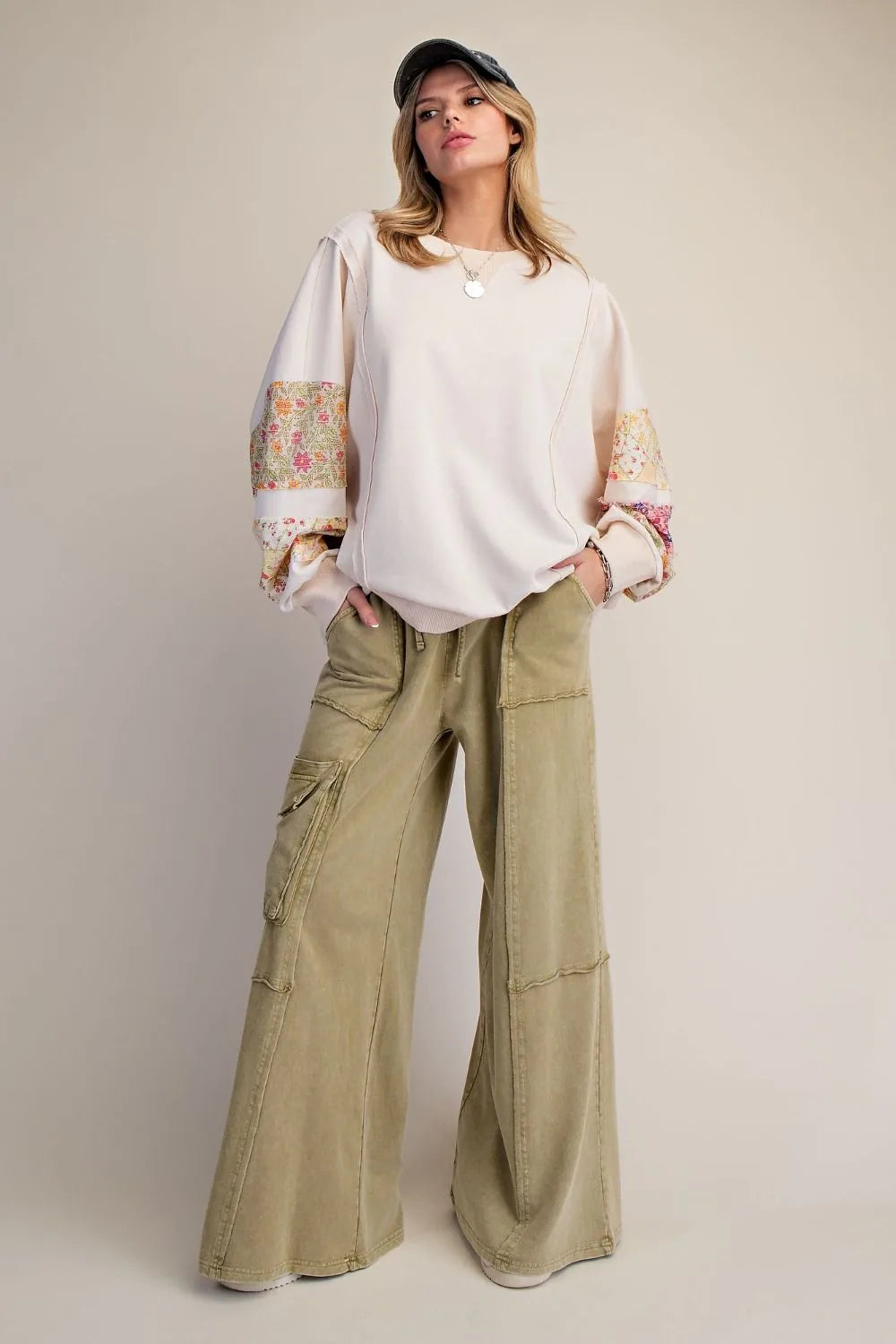 Mineral Washed Wide Leg Pants with Side Pocket