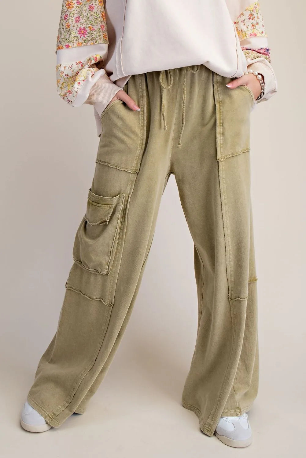 Mineral Washed Wide Leg Pants with Side Pocket