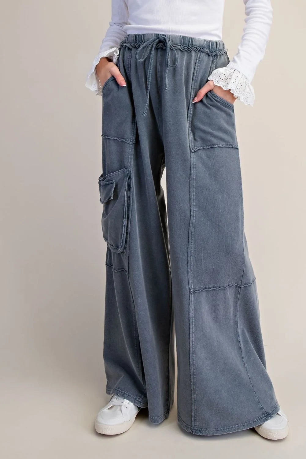 Mineral Washed Wide Leg Pants with Side Pocket