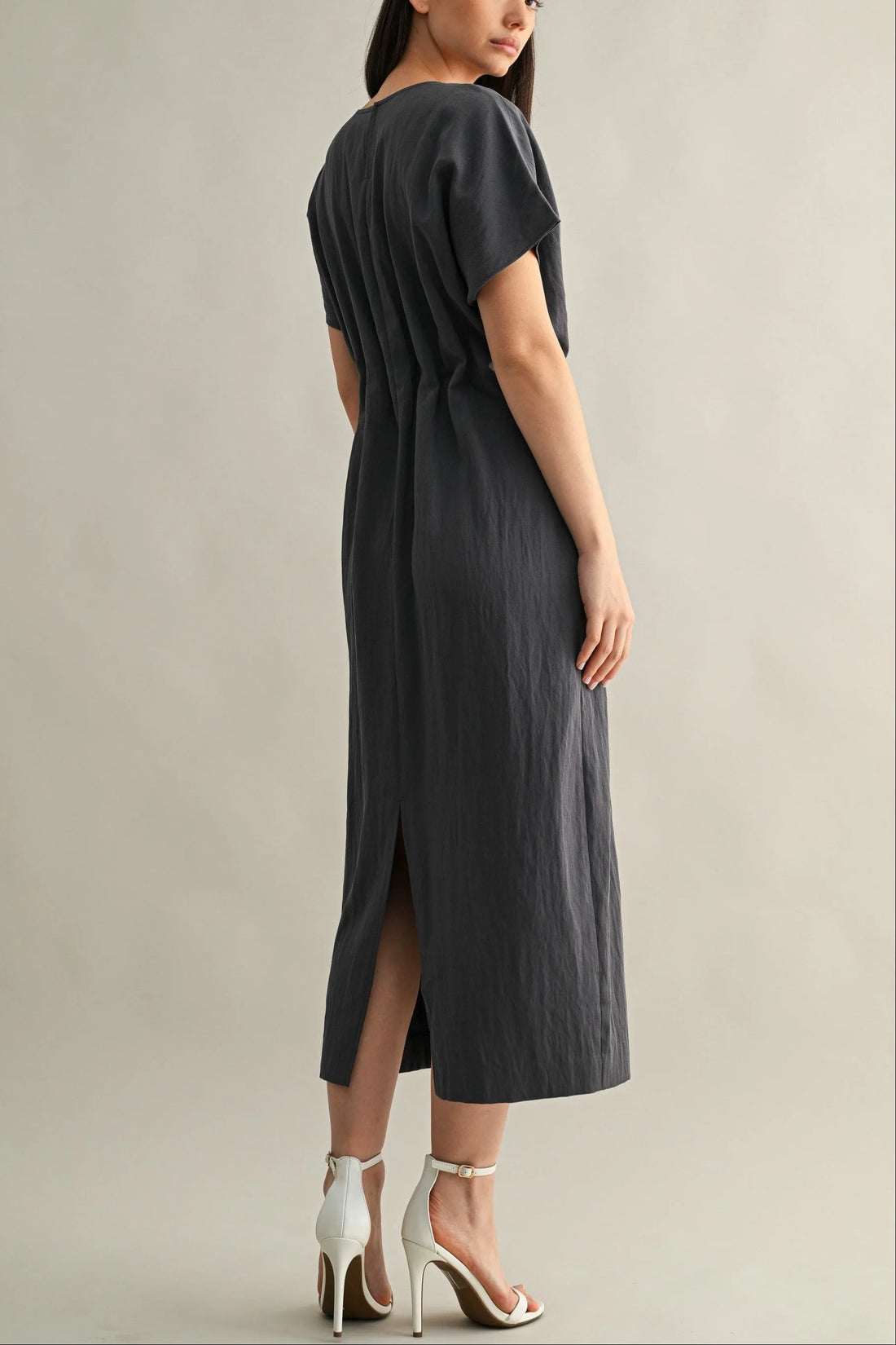 Minimal Short Sleeve Midi Dress with Waist Dart Detail