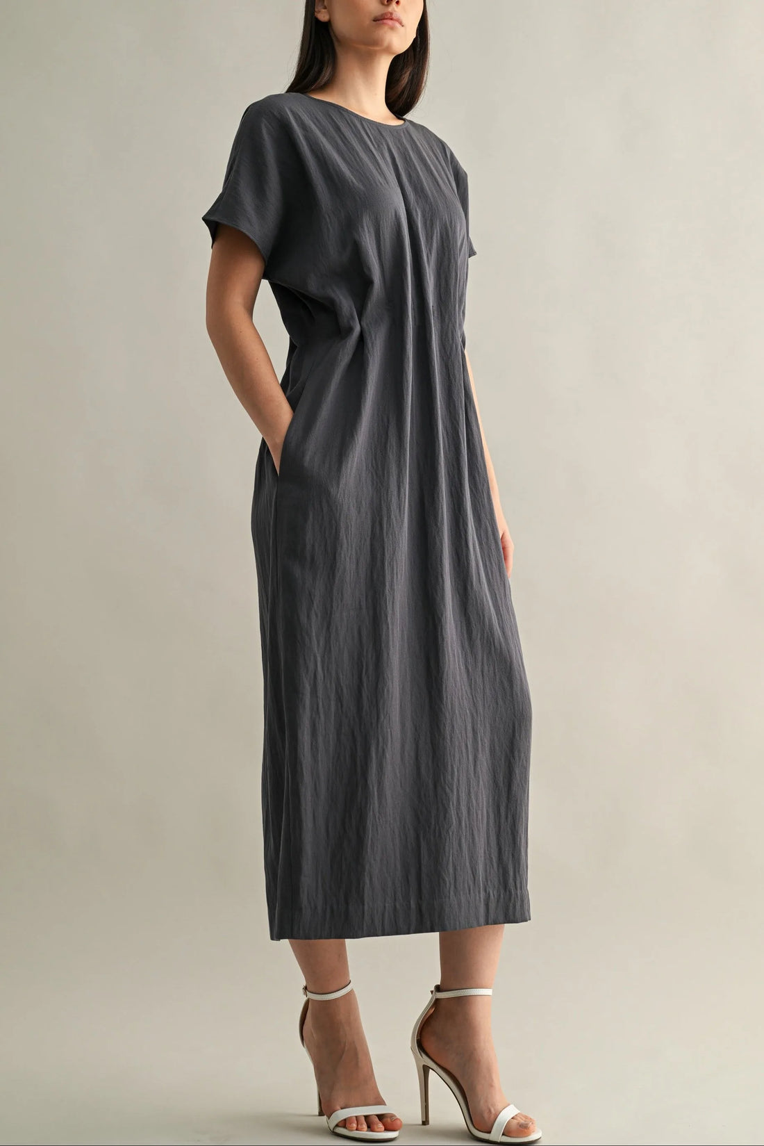 Minimal Short Sleeve Midi Dress with Waist Dart Detail