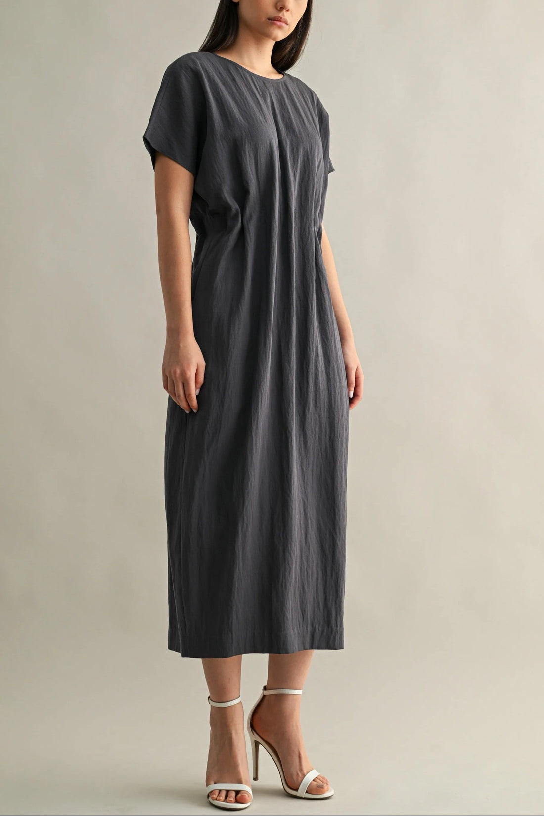Minimal Short Sleeve Midi Dress with Waist Dart Detail