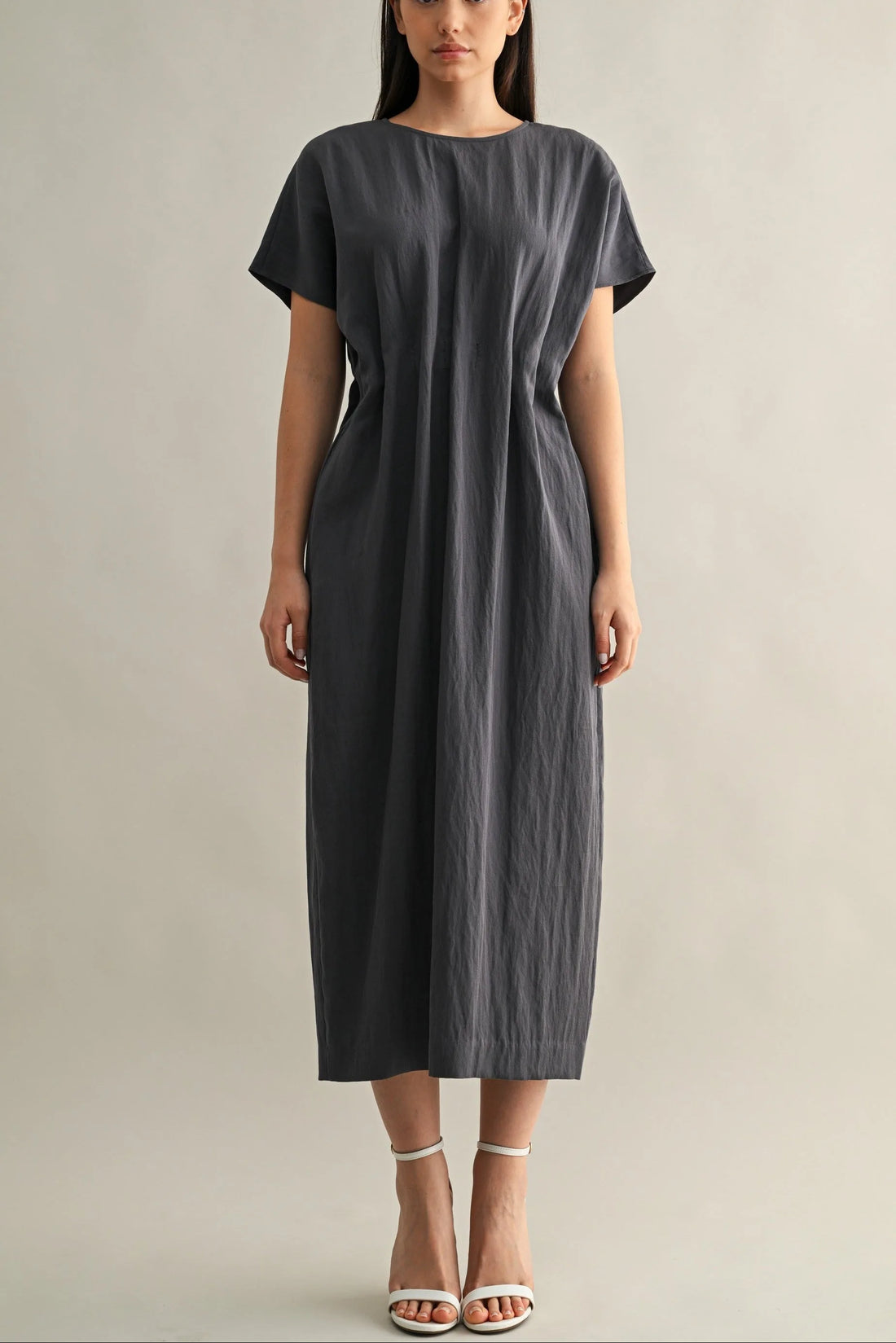 Minimal Short Sleeve Midi Dress with Waist Dart Detail