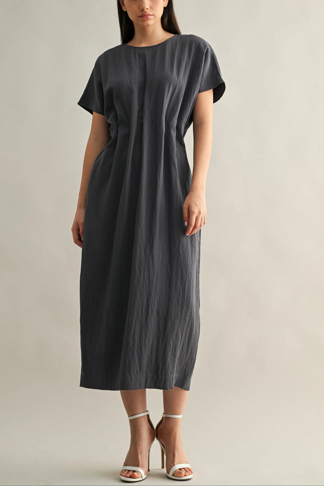 Minimal Short Sleeve Midi Dress with Waist Dart Detail