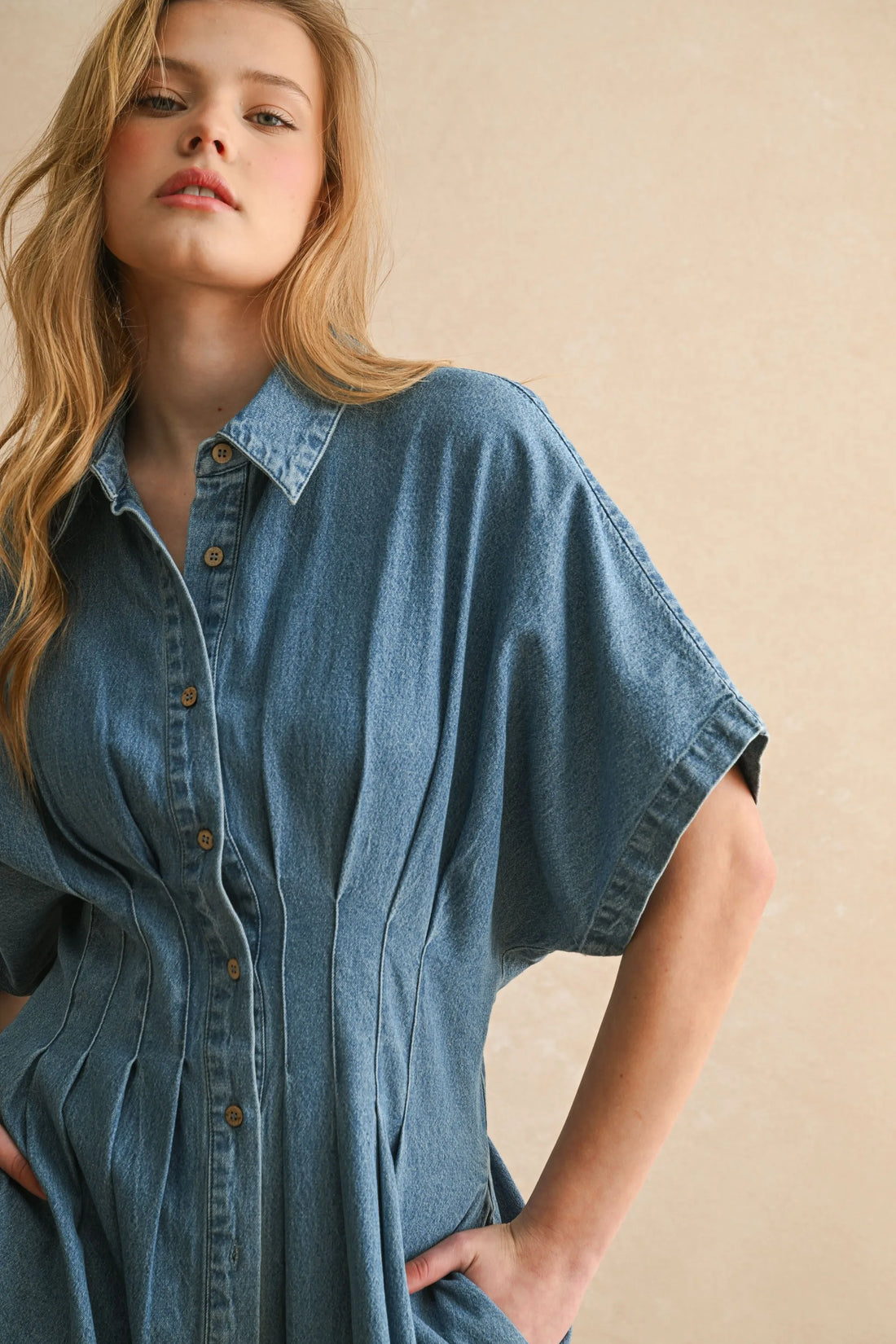Denim Wide Leg Jumpsuit with Waist Pintuck Detail