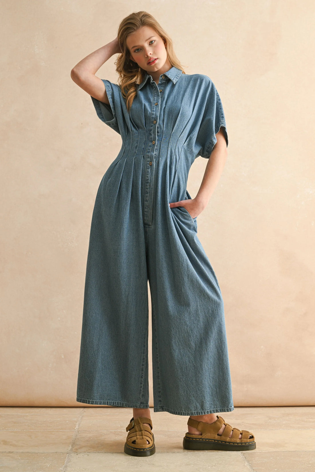 Denim Wide Leg Jumpsuit with Waist Pintuck Detail