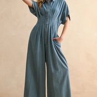 Denim Wide Leg Jumpsuit with Waist Pintuck Detail