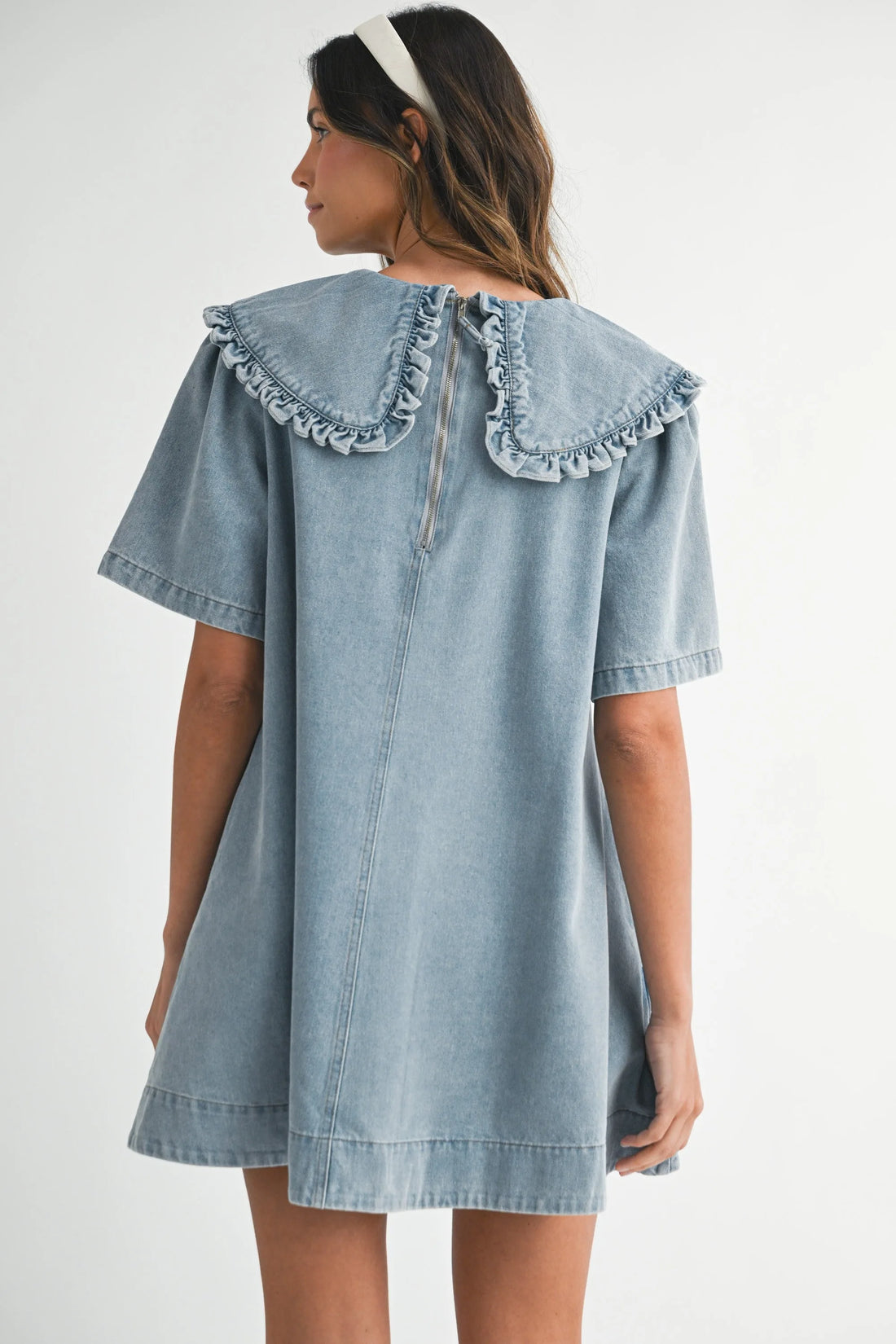 denim dress with peter pan collar Denim Dress Light Blue Peter Pan Collar Dress Denim Dress Plus Size Korean Oversized Dress Appelsin Pearl Peter