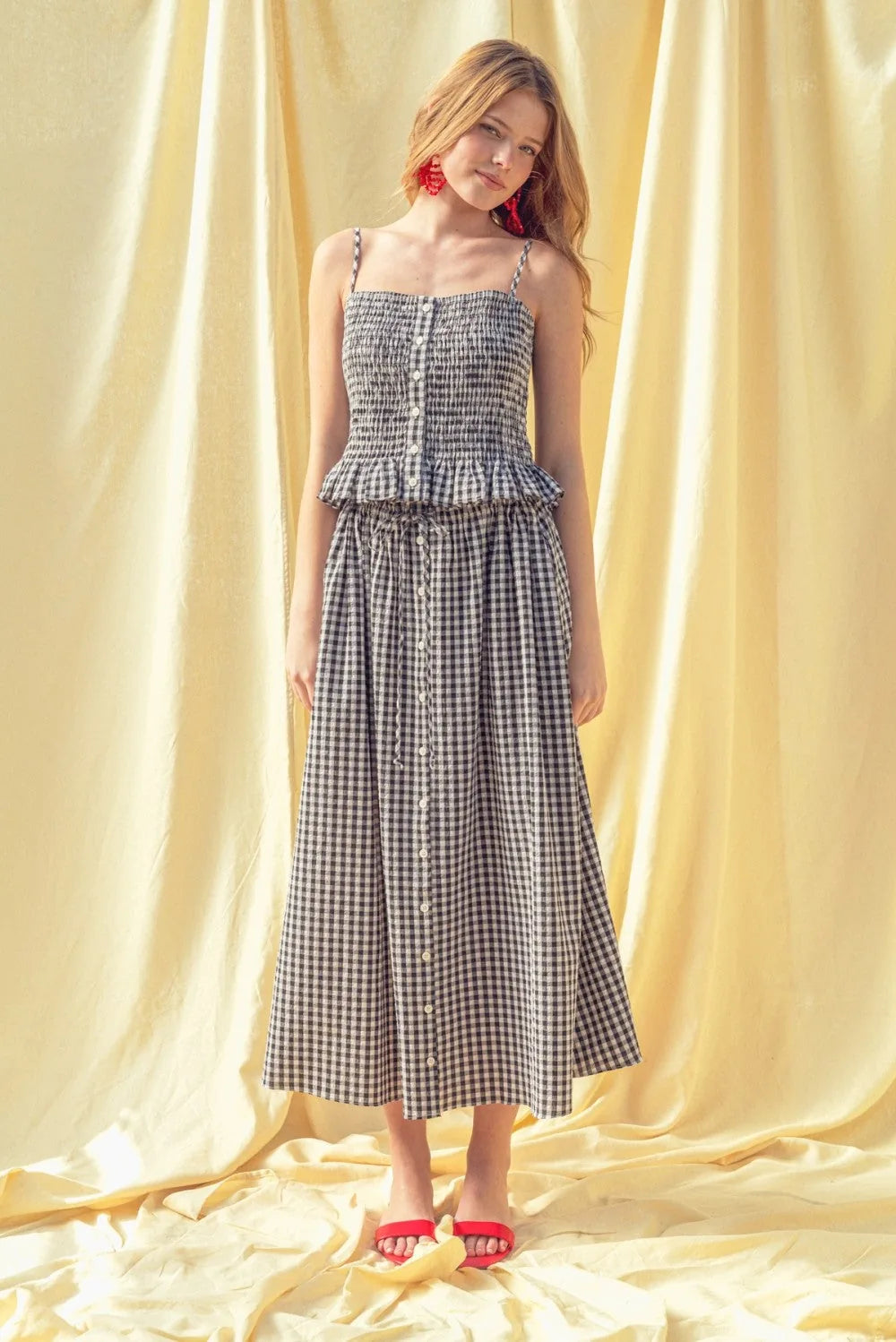 Gingham Smocked Button-Front Crop Tank Top