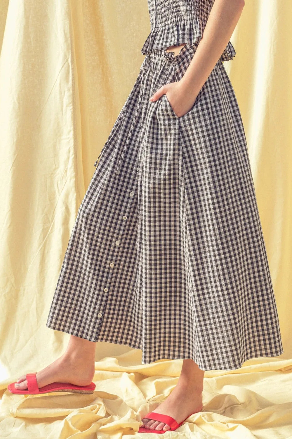 Gingham Button-Front Midi Skirt with Drawstring Waist