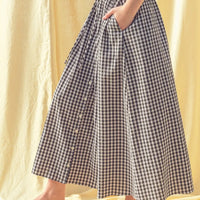 Gingham Button-Front Midi Skirt with Drawstring Waist