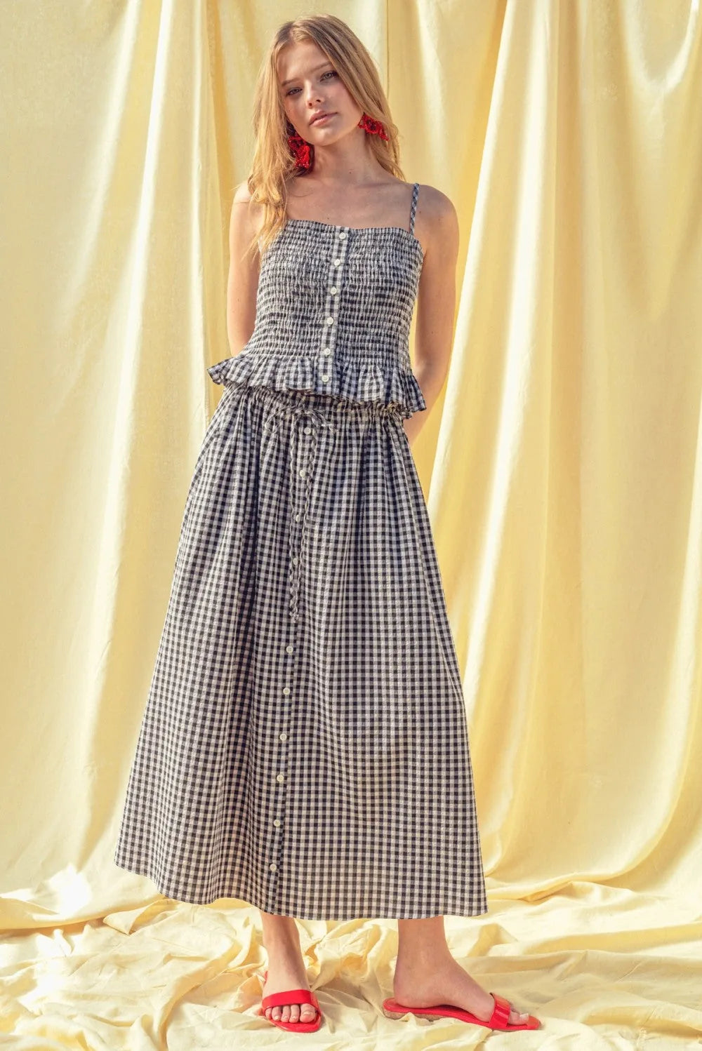Gingham Button-Front Midi Skirt with Drawstring Waist