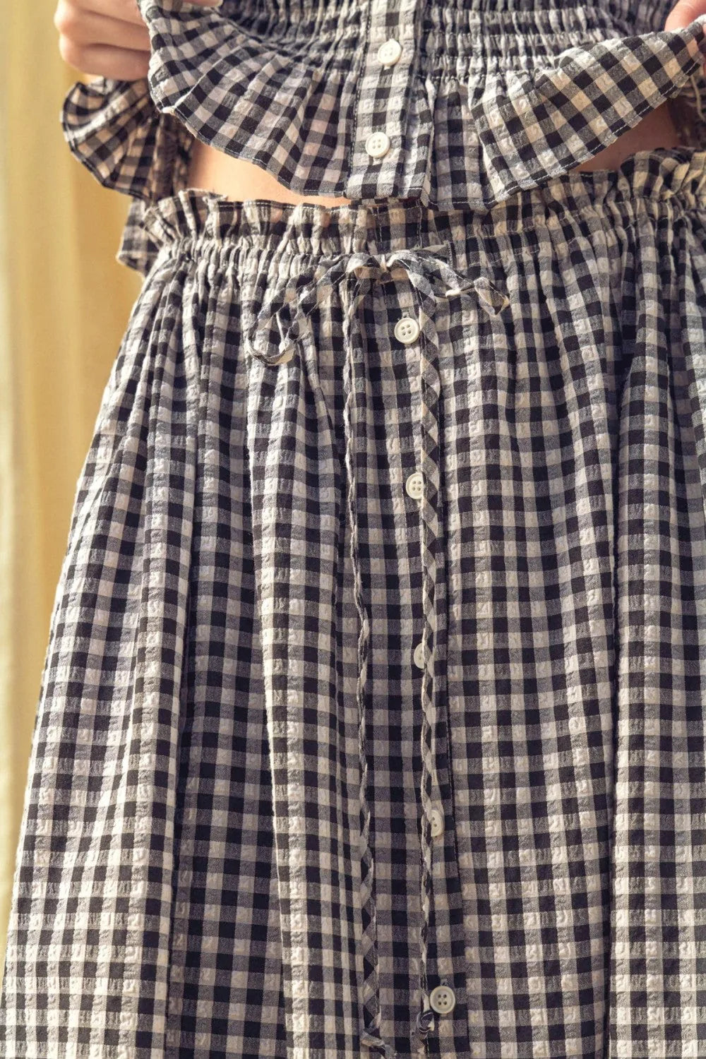 Gingham Button-Front Midi Skirt with Drawstring Waist
