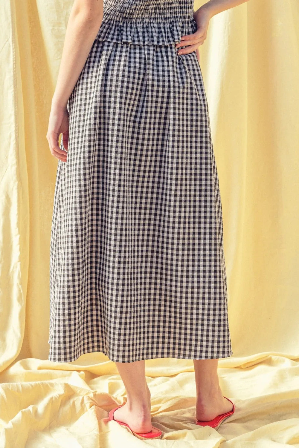 Gingham Button-Front Midi Skirt with Drawstring Waist