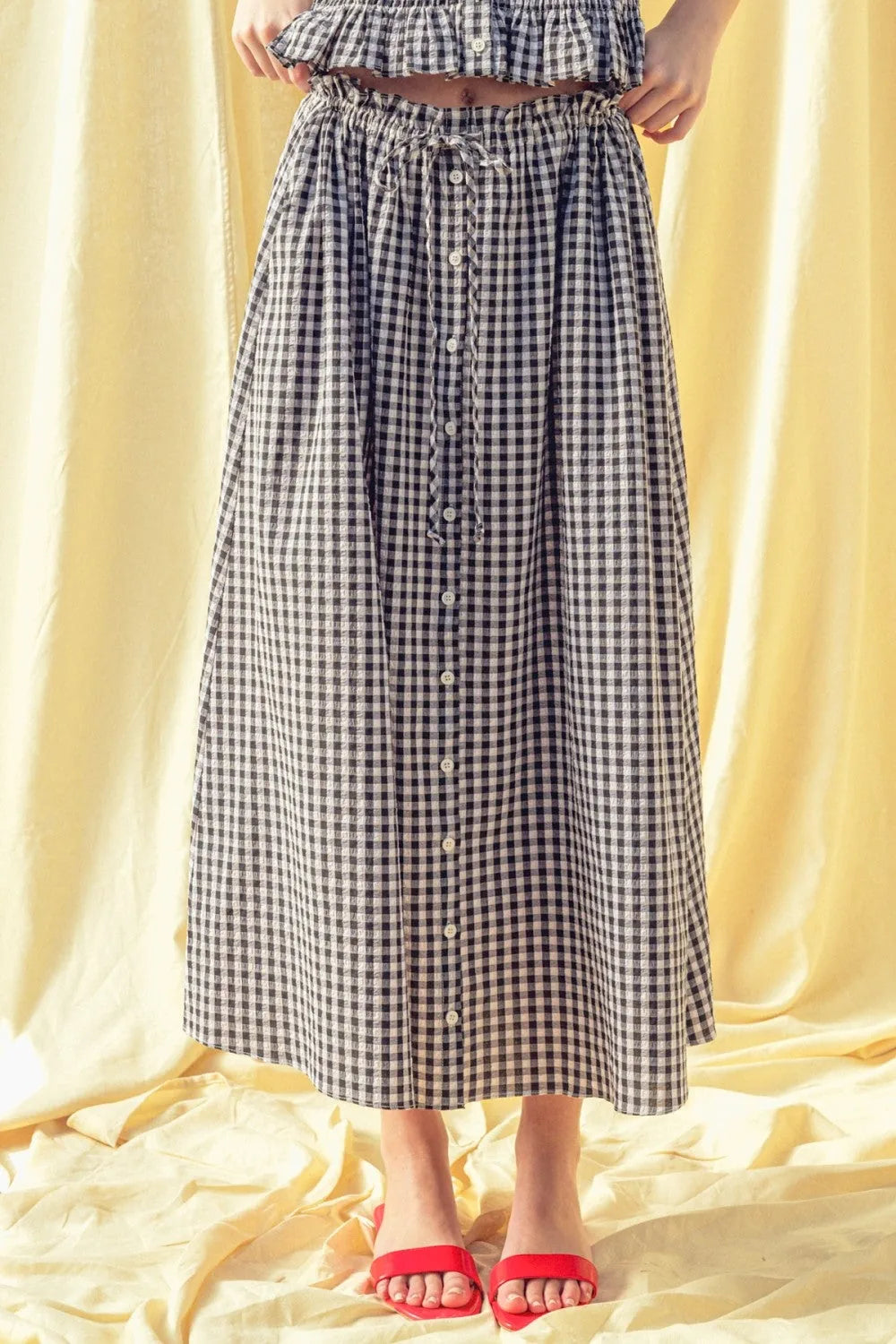 Gingham Button-Front Midi Skirt with Drawstring Waist