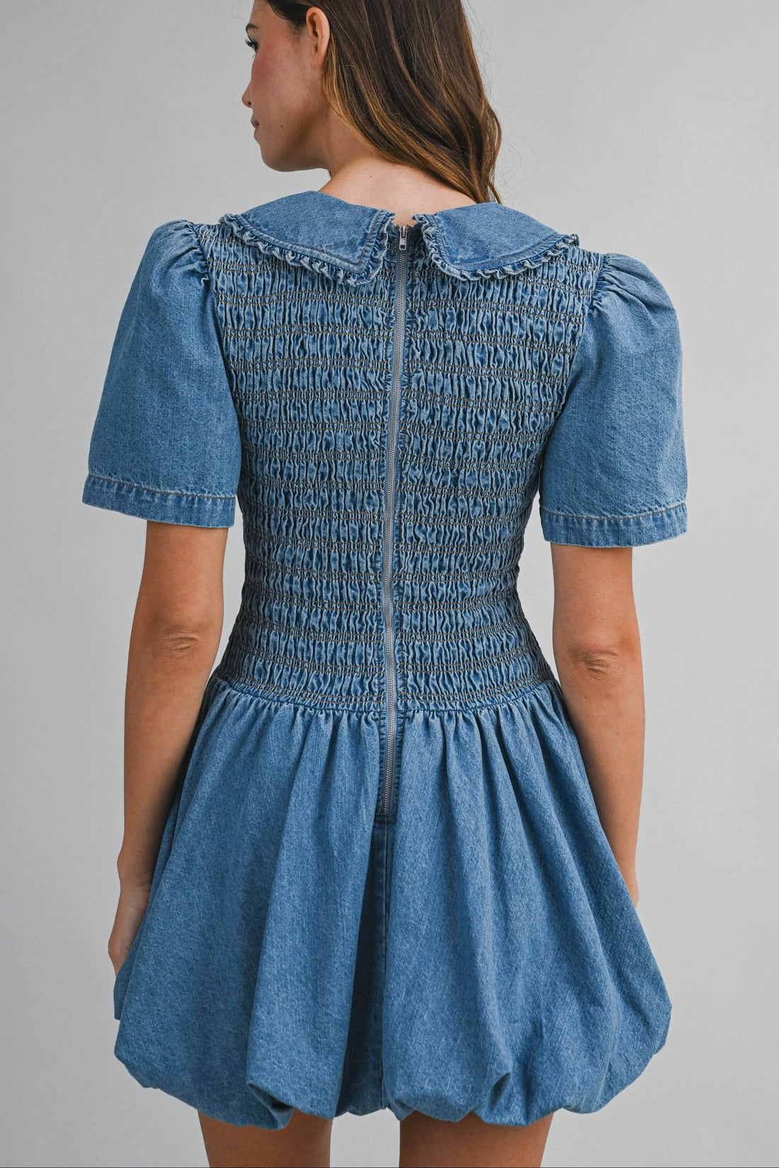Smocked Peter Pan Denim Mini Dress