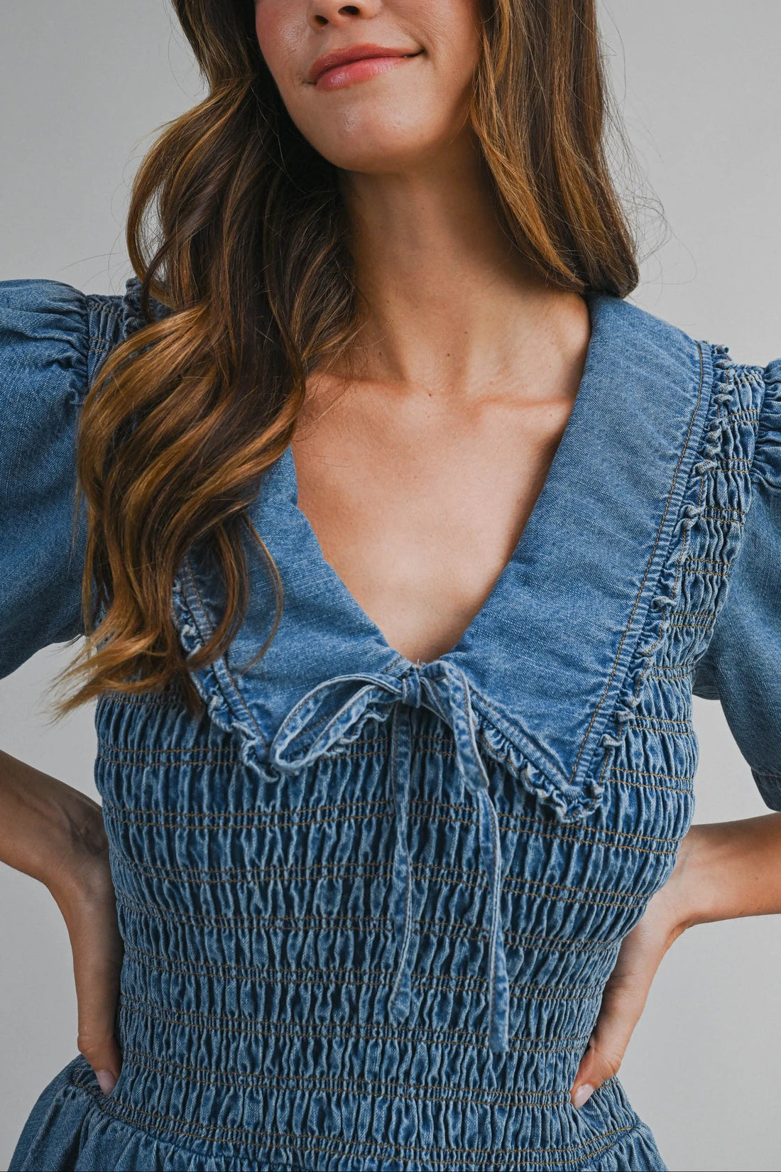 Smocked Peter Pan Denim Mini Dress