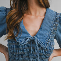 Smocked Peter Pan Denim Mini Dress