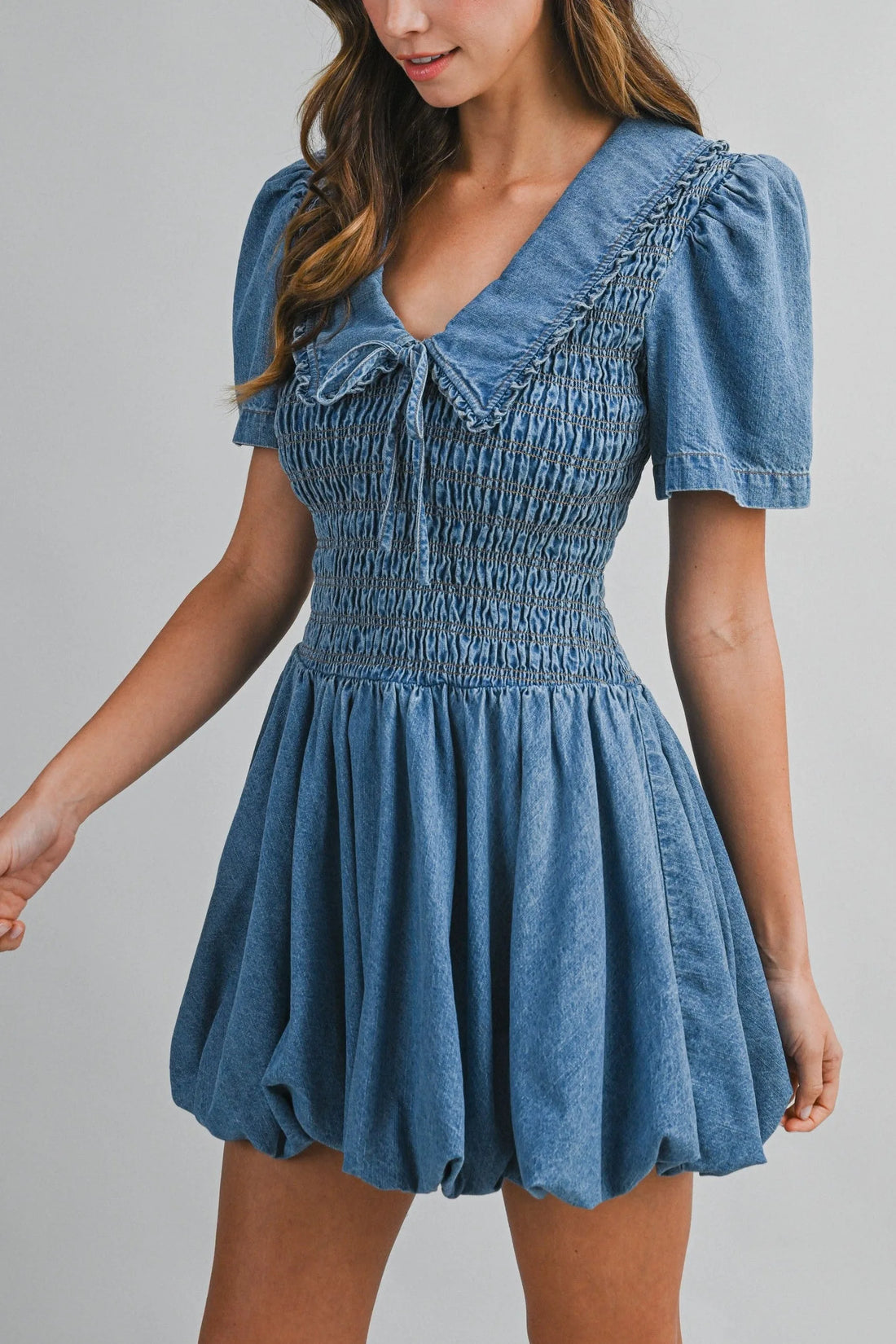 Smocked Peter Pan Denim Mini Dress