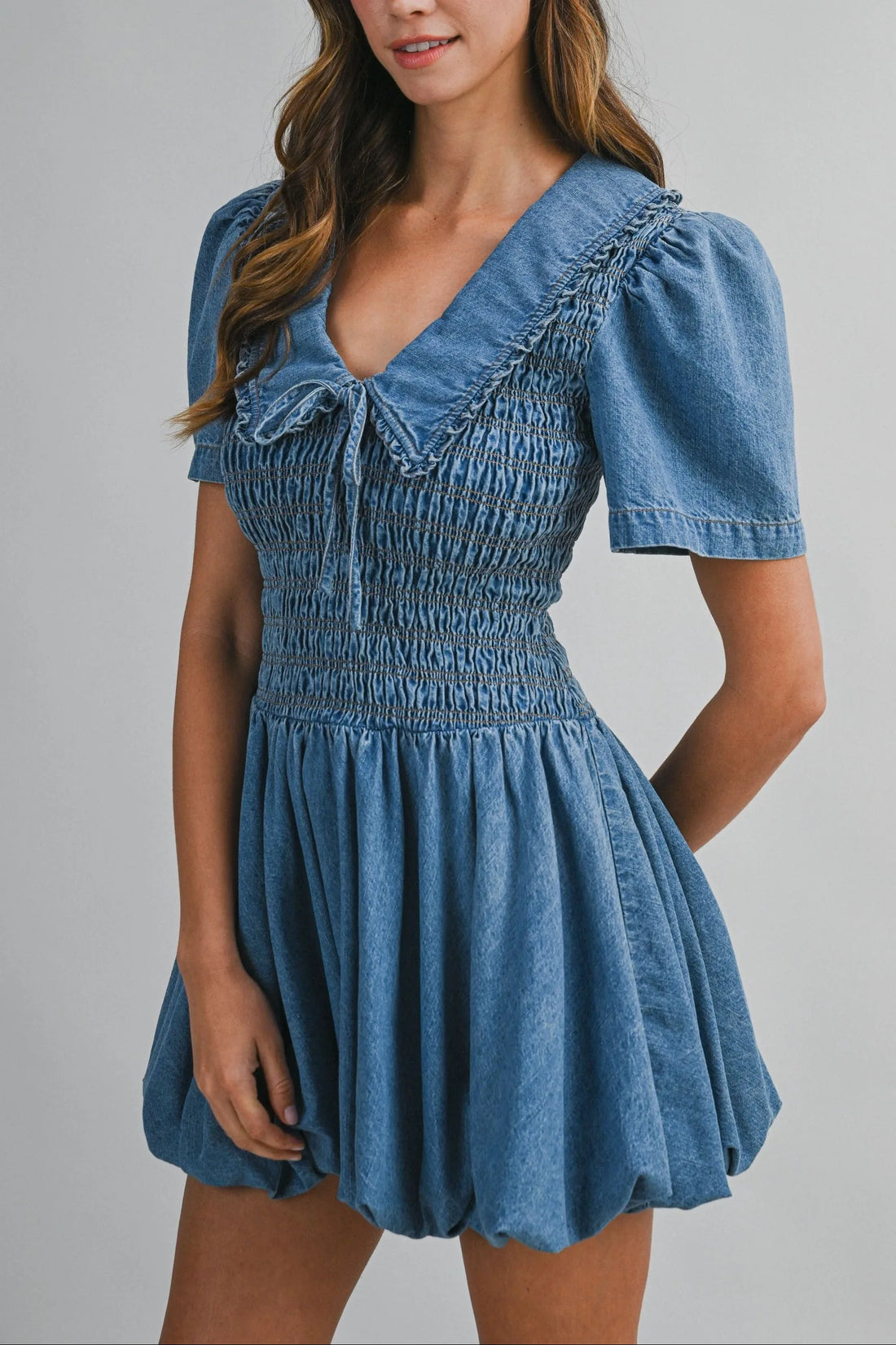 Smocked Peter Pan Denim Mini Dress