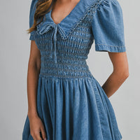 Smocked Peter Pan Denim Mini Dress