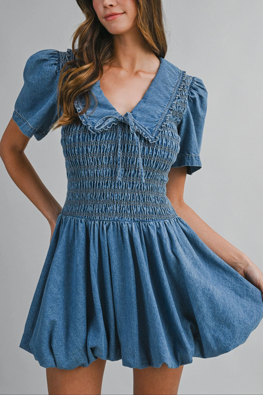 Smocked Peter Pan Denim Mini Dress