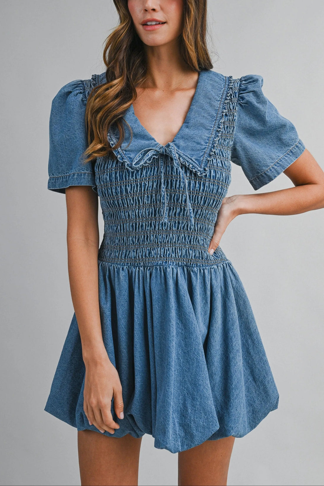 Smocked Peter Pan Denim Mini Dress Denim / L