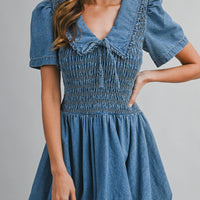 Smocked Peter Pan Denim Mini Dress