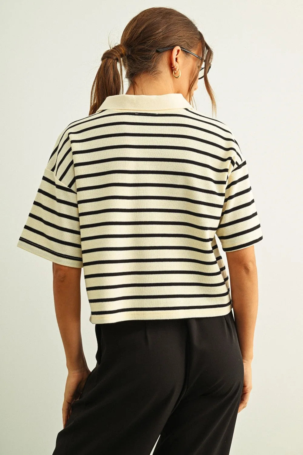 Striped Knit Polo Top with Button Placket