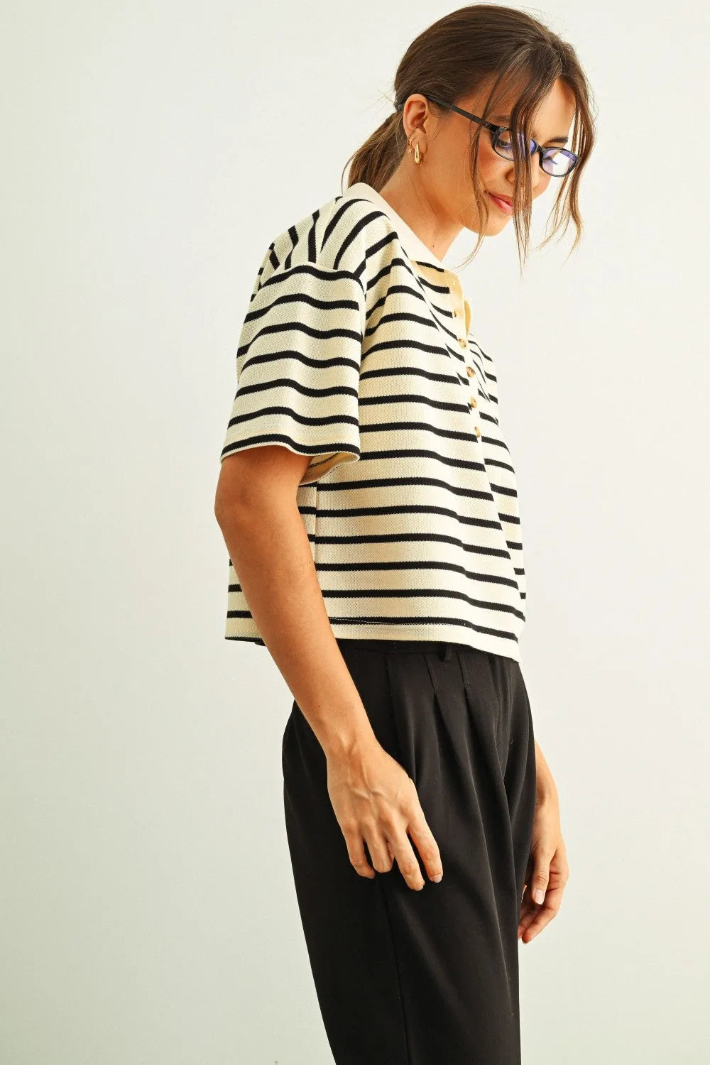 Striped Knit Polo Top with Button Placket