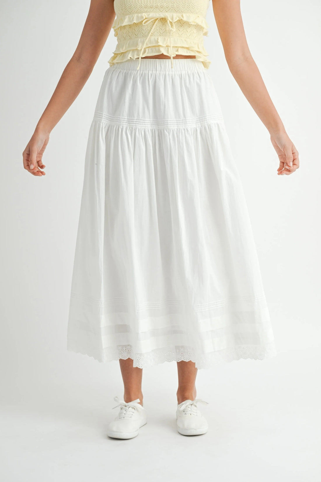 White Tiered Midi Skirt with Elastic Waist & Lace Hem
