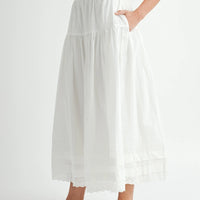 White Tiered Midi Skirt with Elastic Waist & Lace Hem