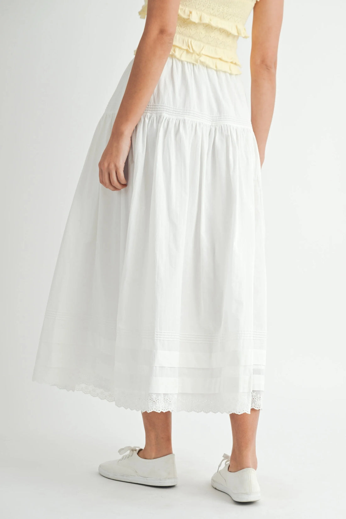 White Tiered Midi Skirt with Elastic Waist & Lace Hem