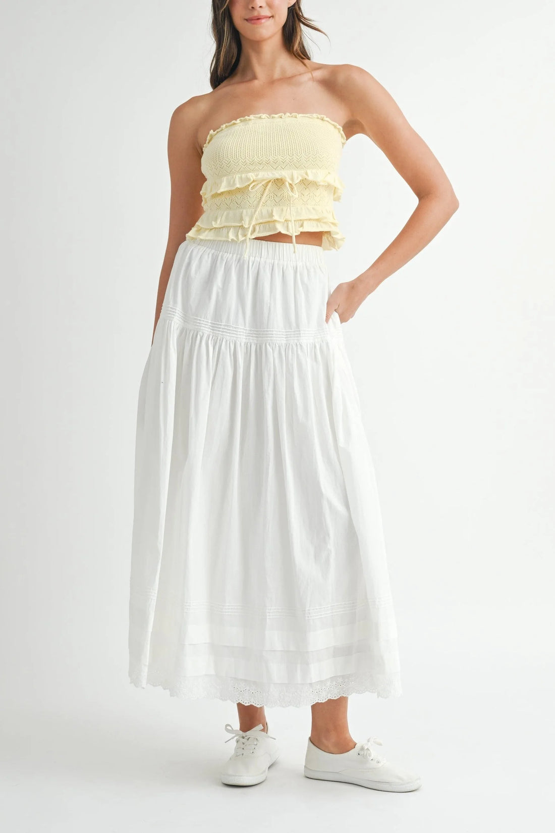 White Tiered Midi Skirt with Elastic Waist & Lace Hem