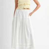 White Tiered Midi Skirt with Elastic Waist & Lace Hem