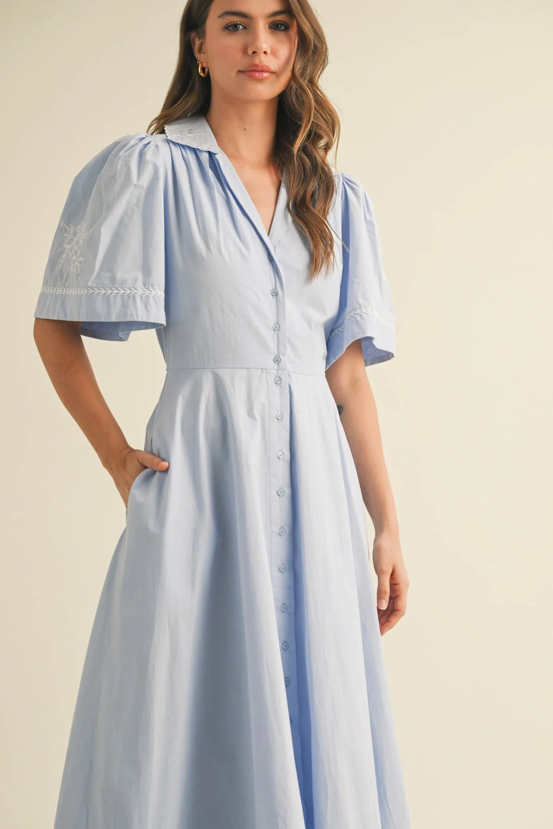 Embroidery Floral Button Down Maxi Dress