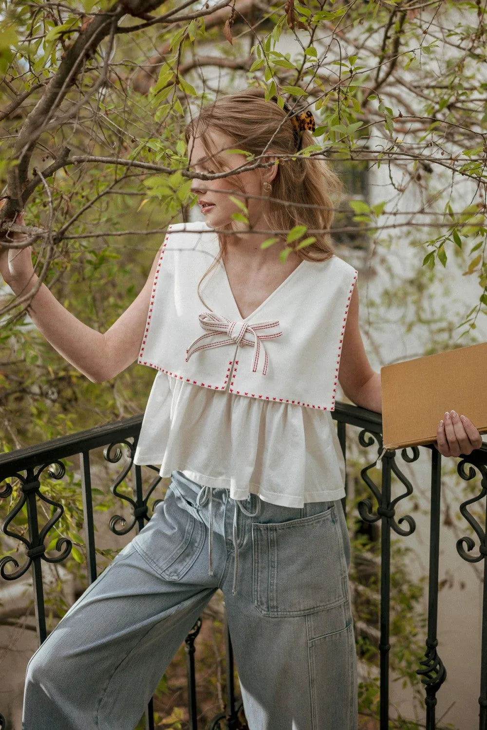 Vintage Bow Sailor Collar Sleeveless Top