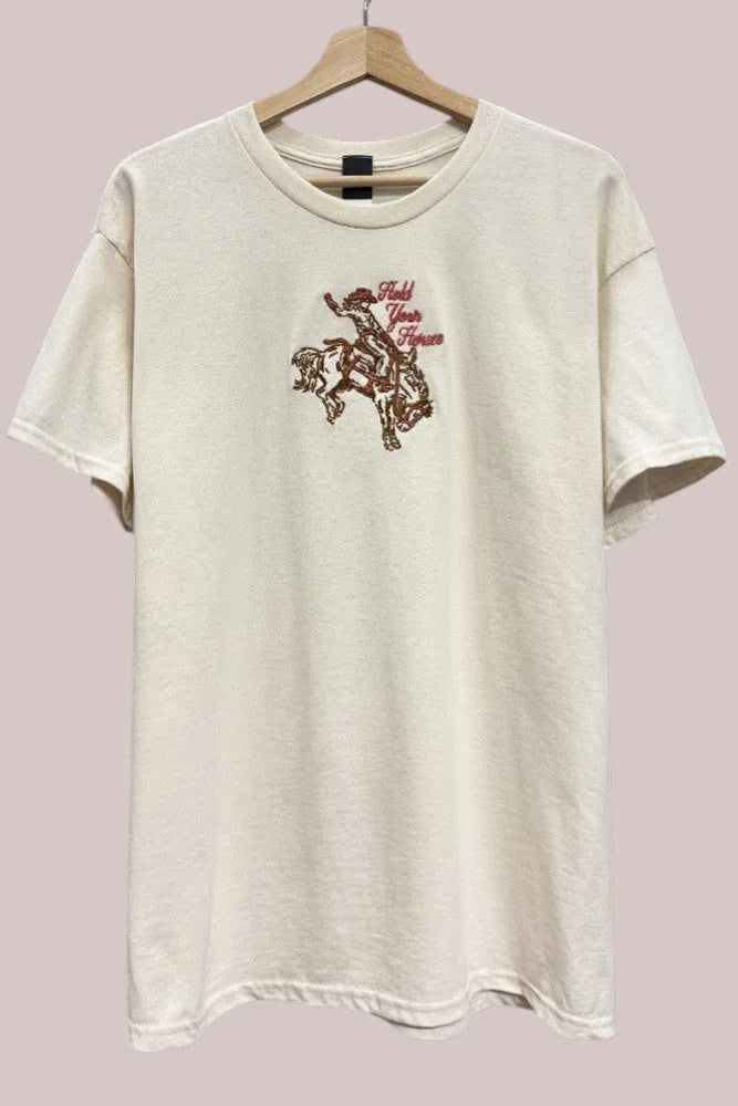 Hold Your Horses Embroidered Oversized T- Shirt
