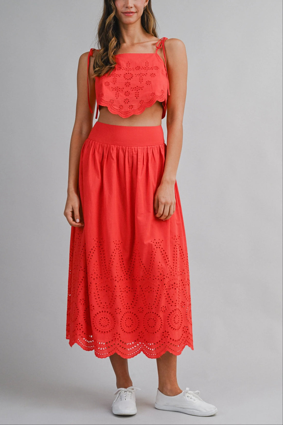 Eyelet Lace Crop Top & Midi Skirt Set