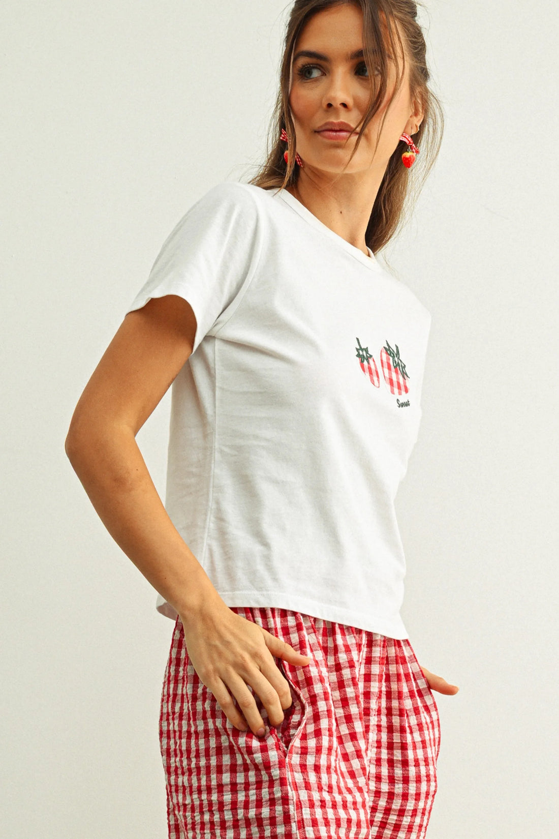 Sweet Gingham Strawberry Embroidered Baby Tee